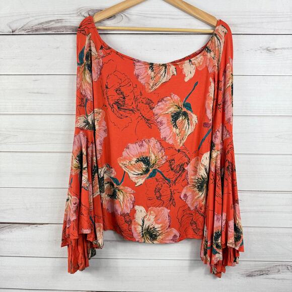 Free People Birds Of Paradise Printed Top Bell Sleeve Orange‎ Floral Size Medium - Picture 1 of 7
